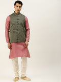 SOJANYA Kurta Motif Etnik Merah Jambu & Emas Lelaki dengan Jaket Churidar & Nehru