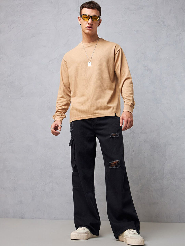 Bewakoof Men Black Straight Fit High-Rise Mildly Distressed Cargo Styles Jeans
