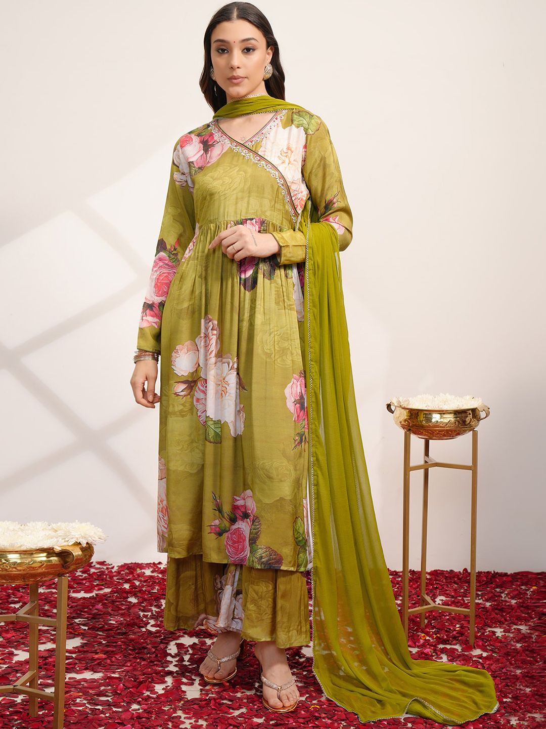 Vishudh V Neck Floral Printed Angrakha Beads and Stones Kurta Set