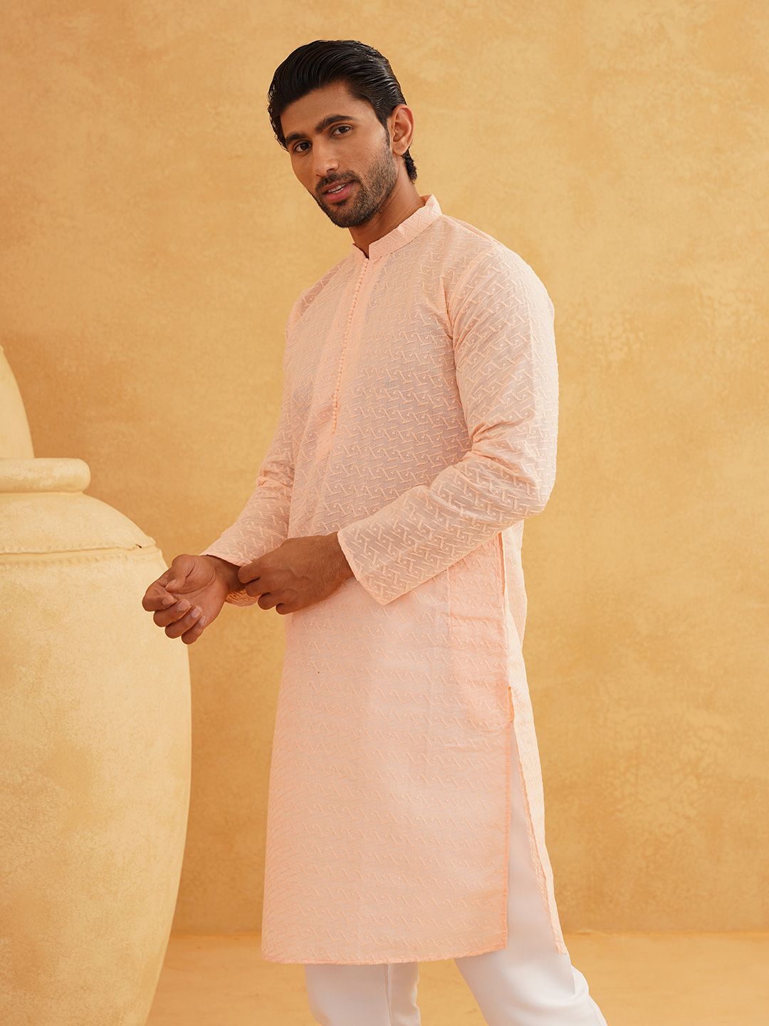 SOJANYA Self Design Thread Work Mandarin Collar Pure Cotton Kurta