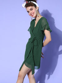 Berrylush Women Gorgeous Green Self-Design 70s Mini Dress