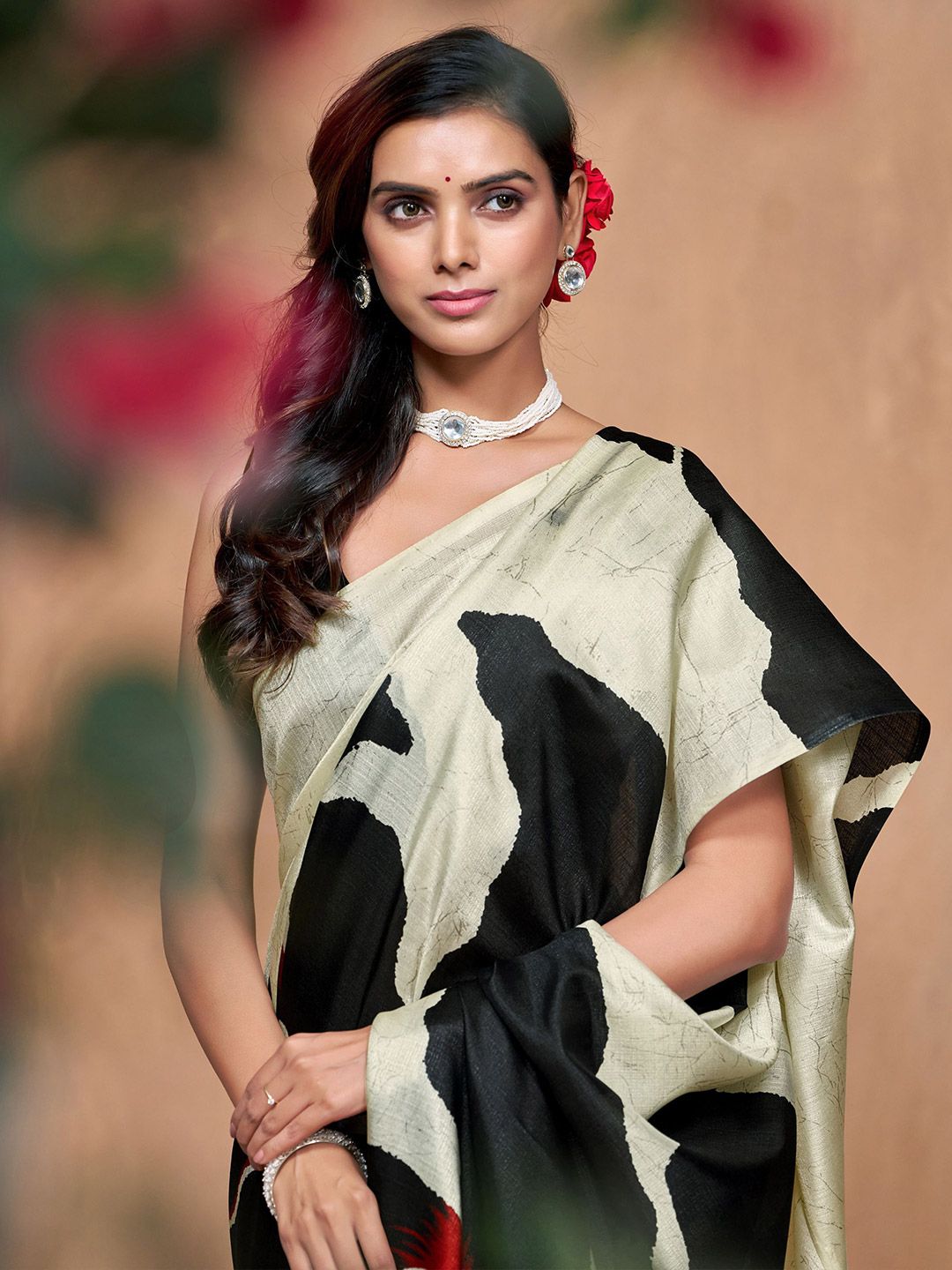 Kalini Womne's Art Silk Printed and Polka Dot Saree With Blouse Piece