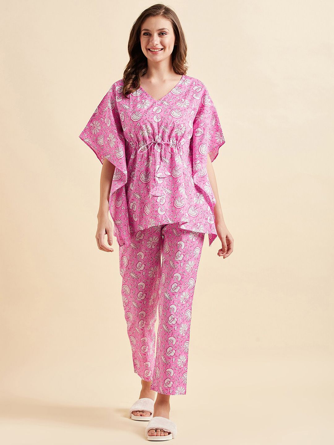 Sweet Dreams Pink & White Ethnic Motifs Printed Pure Cotton Night Suit