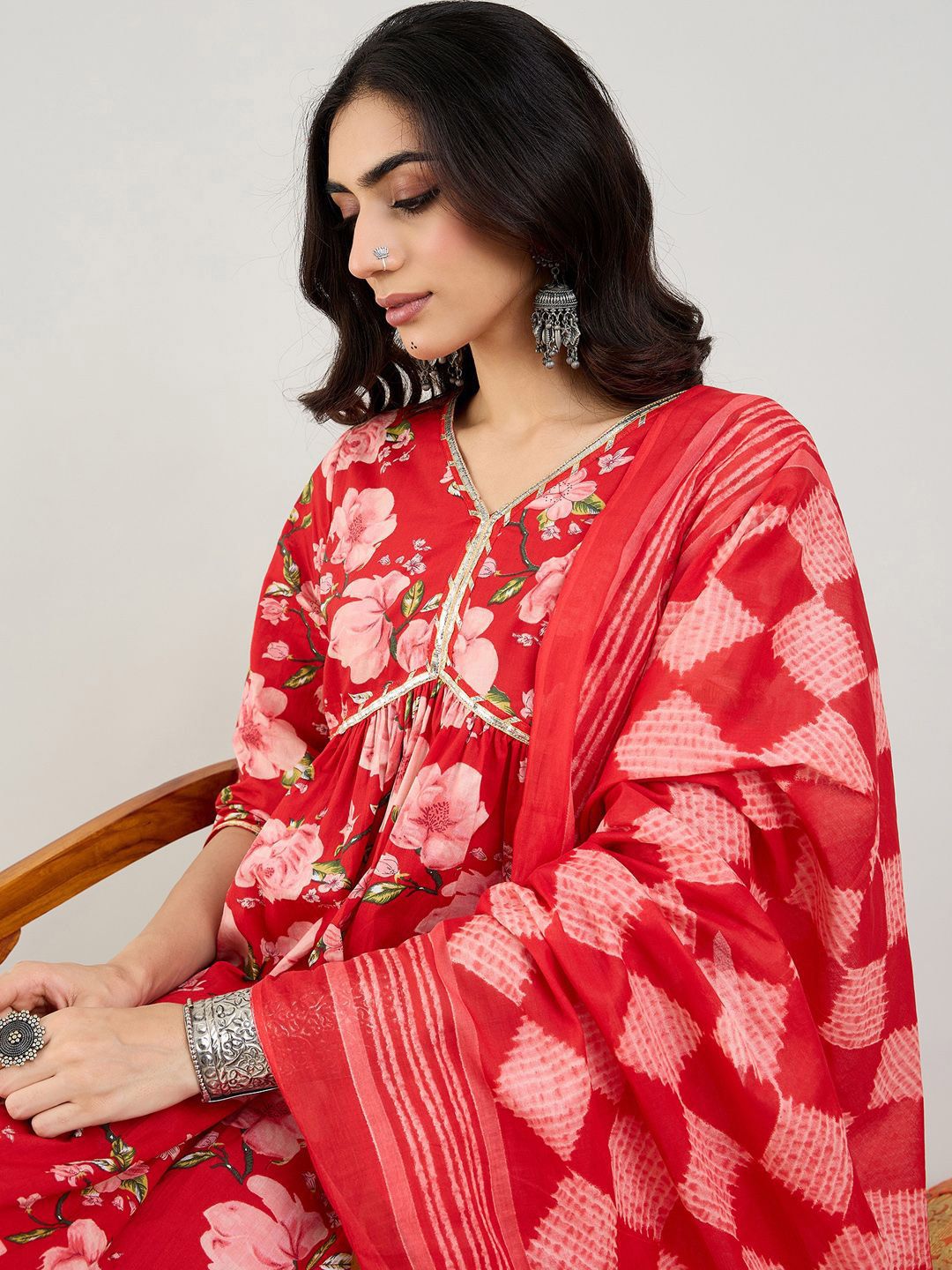 Indo Era Floral Printed Empire Gotta Patti Pure Cotton Kurta & Trousers & Dupatta