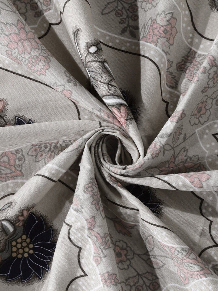 KLOTTHE White Floral Printed 300 TC Fitted Super King Double Bedsheet with 2 Pillow Covers