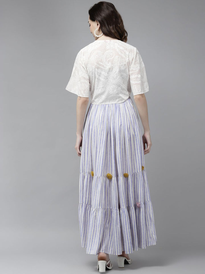 W Blue & Off White Striped Ethnic Maxi Dress with Jacket