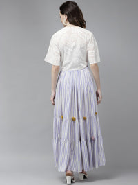 W Blue & Off White Striped Ethnic Maxi Dress with Jacket