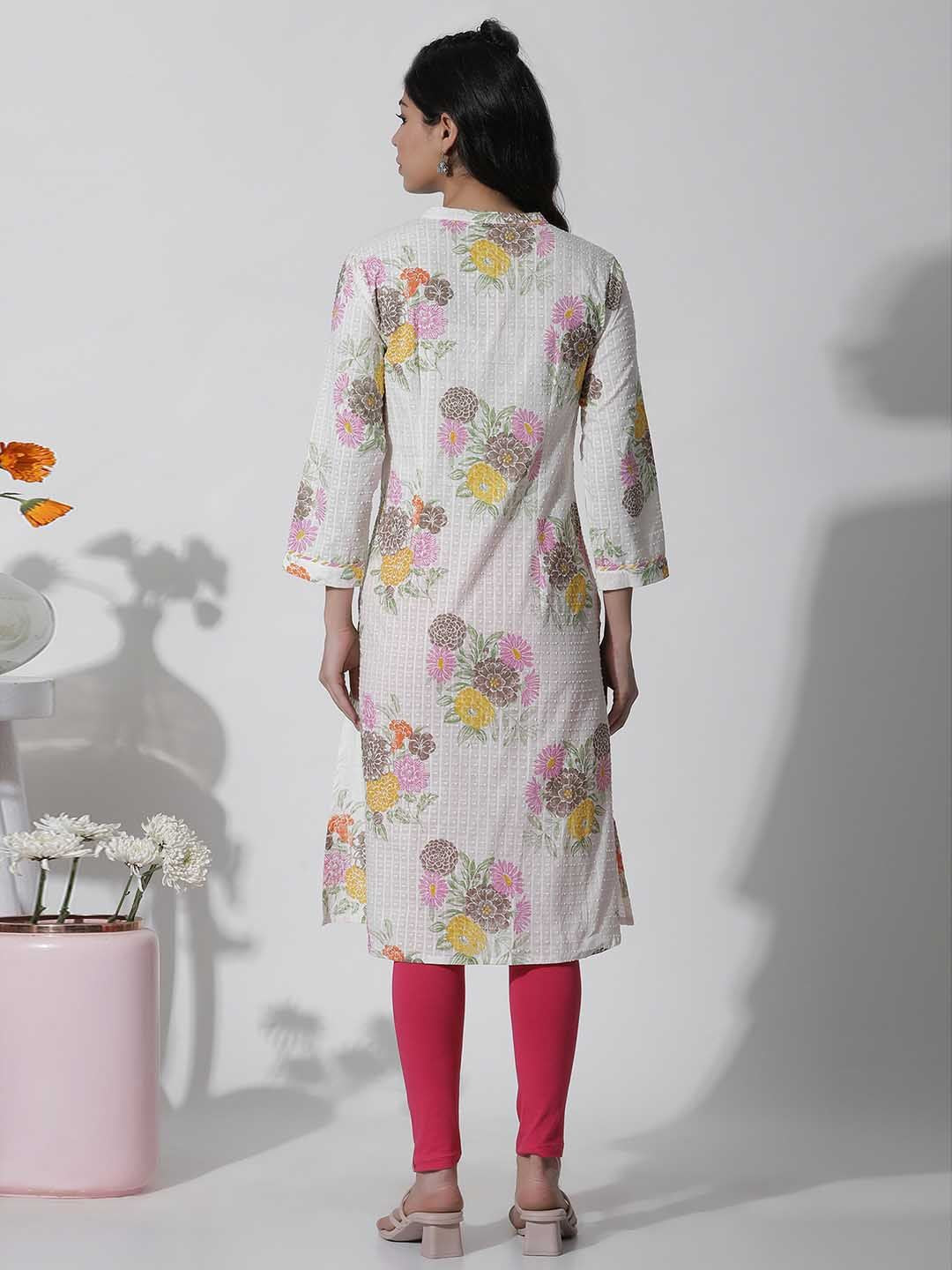 W White Floral Printed Cotton Kurta