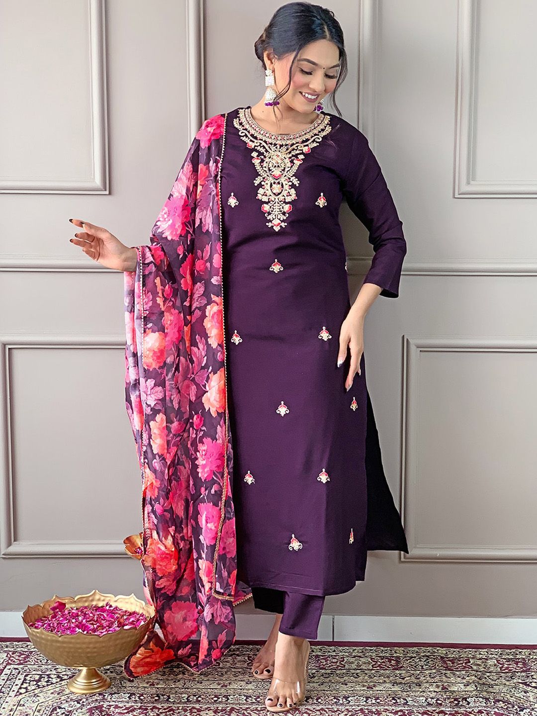 KALINI Floral Embroidered Round Neck Three-Quarter Sleeves Kurta Set