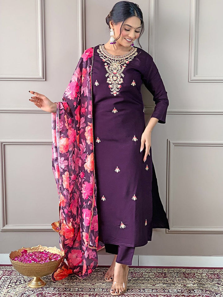 KALINI Floral Embroidered Round Neck Three-Quarter Sleeves Kurta Set