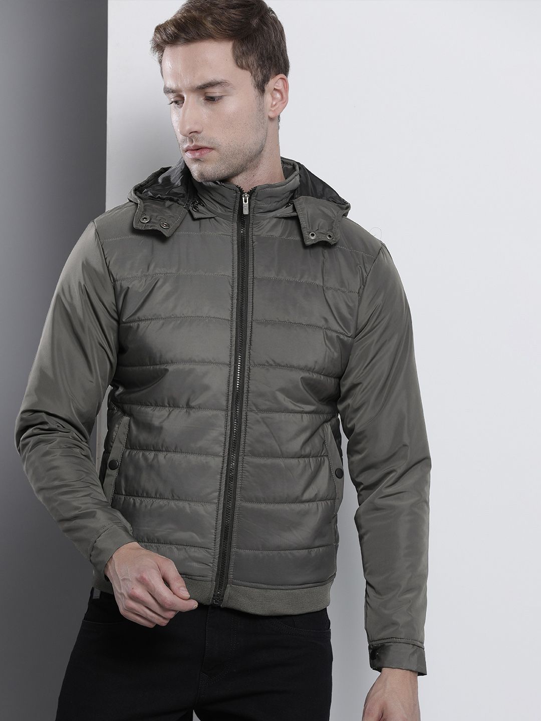 The Indian Garage Co Men Slim Fit Puffer Jacket with Detachable Hood