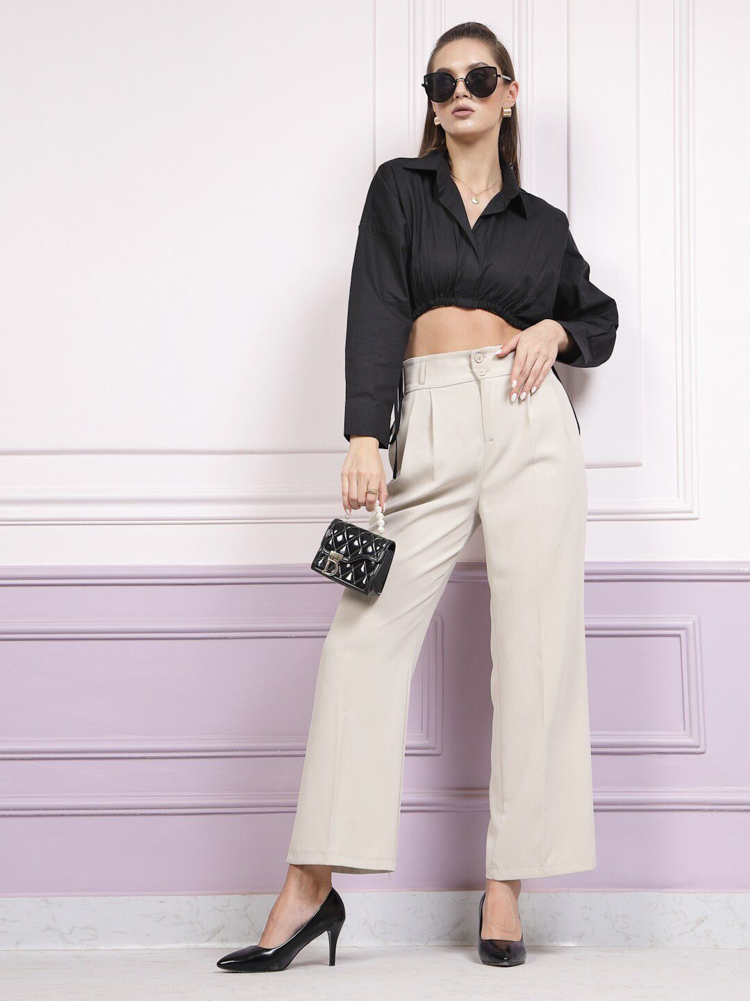 Athena Black Cotton Shirt Style Crop Top