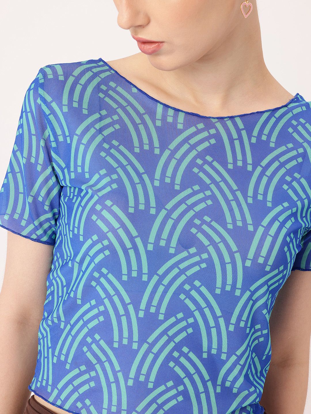 DressBerry Getaway Printed Soft Net Semi Sheer Fitted Crop Top