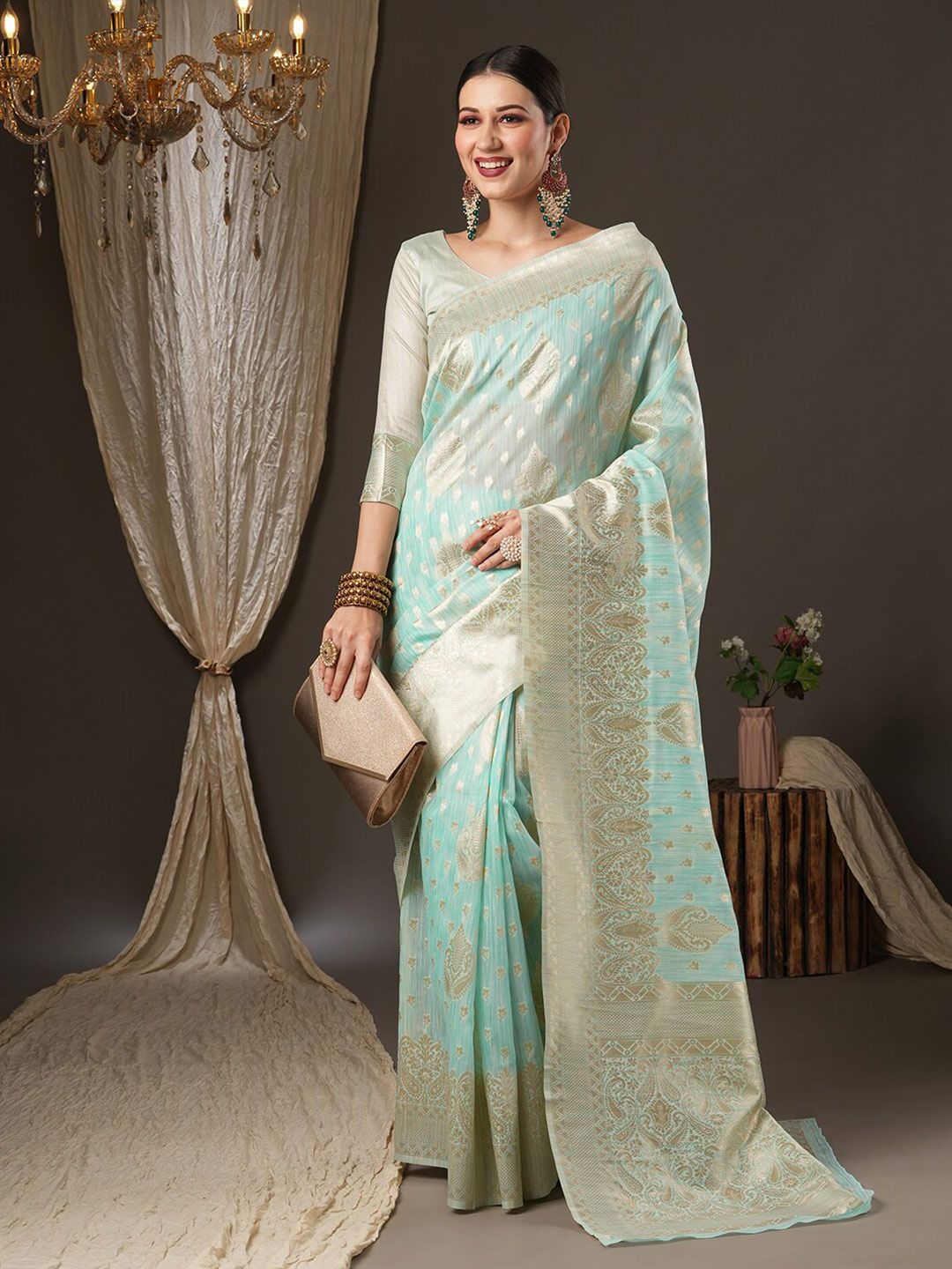 Saree mall Sea Green & Gold-Toned Woven Design Zari Muga Sarees