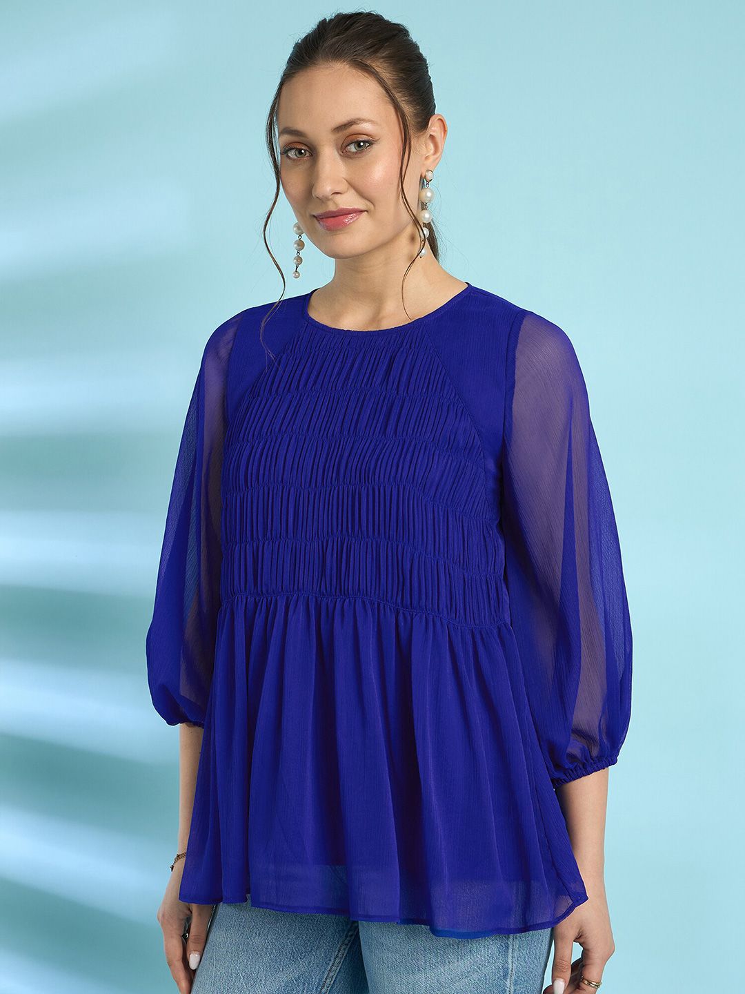 Antheaa Blue Puff Sleeves Smocked Detailed A-Line Top
