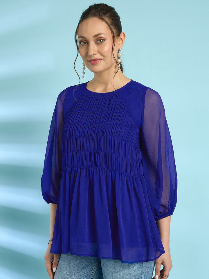 Antheaa Blue Puff Sleeves Smocked Detailed A-Line Top