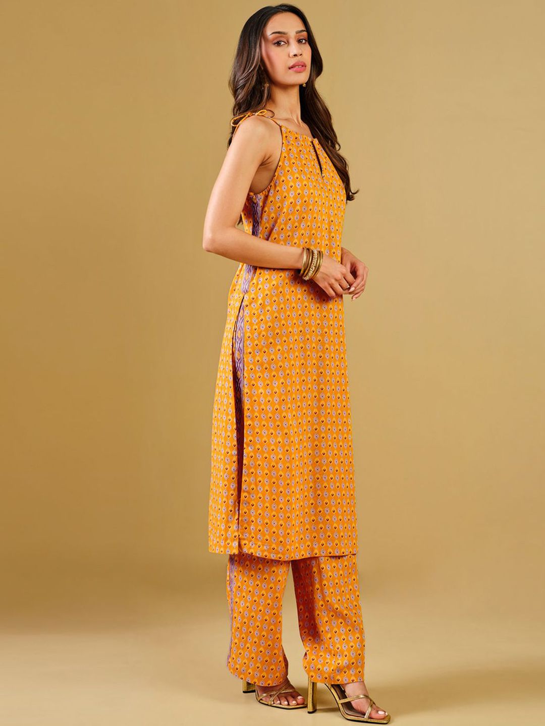 Global Desi Ethnic Motifs Printed Shoulder Straps Sequinned Straight Kurta with Trousers