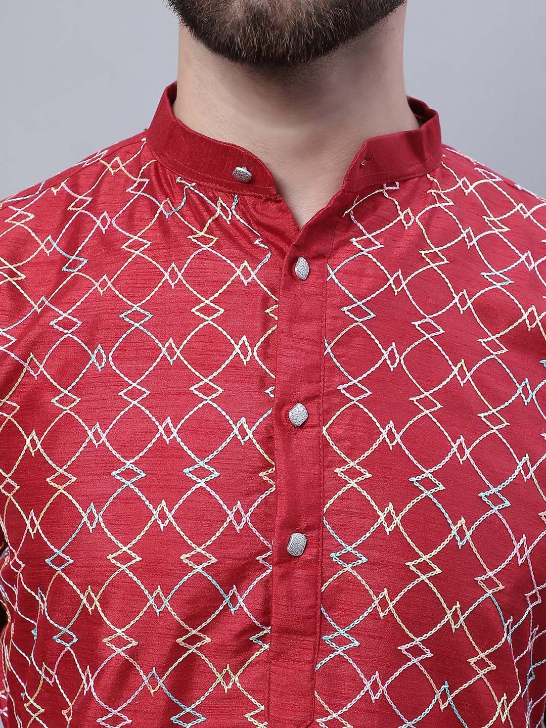 SOJANYA Mandarin Collar Embroidered Thread Work Kurta with Churidar & Nehru Jacket