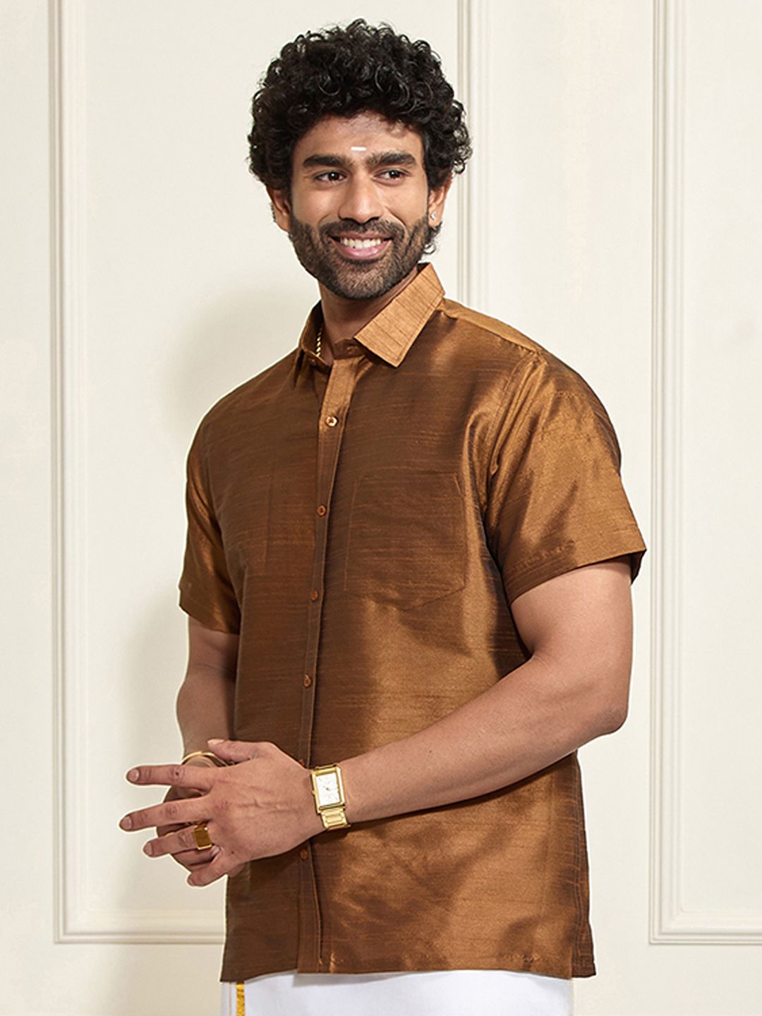 VASTRAMAY Premium Spread Collar Silk Shirt