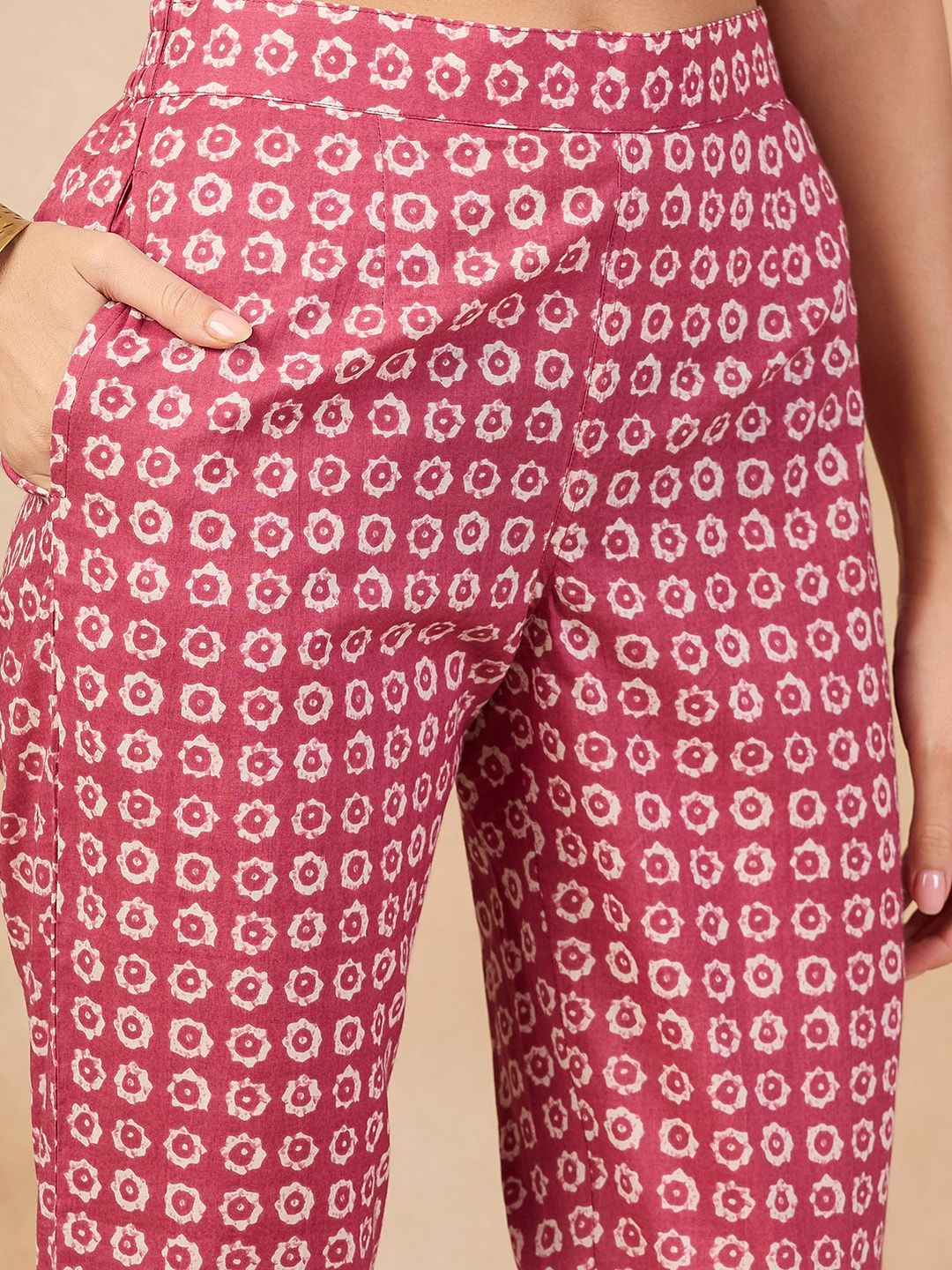 Anouk Pink Floral Printed V-Neck Regular Pure Cotton A-Line Kurta With Trousers