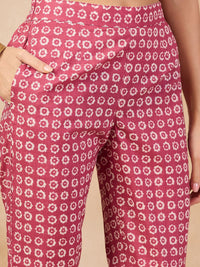 Anouk Pink Floral Printed V-Neck Regular Pure Cotton A-Line Kurta With Trousers