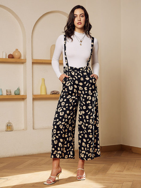 Berrylush Women Black Animal Printed Trousers with Suspenders