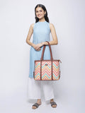 ZOUK Beige Geometric Printed Jute & Leather Structured Laptop Shoulder Tote Bag