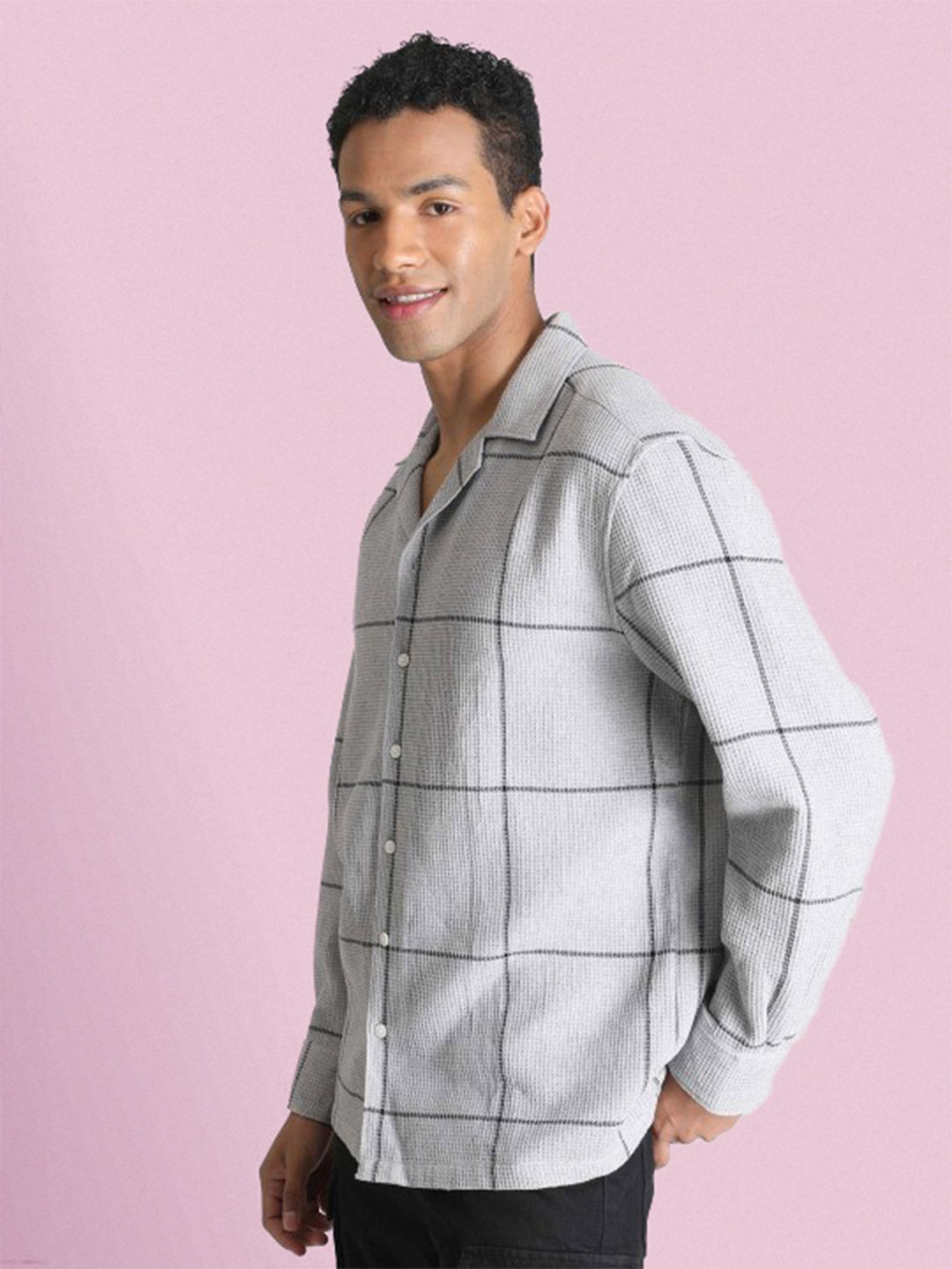 Bene Kleed Men Classic Cuban Collar Windowpane Checked Cotton Relaxed Fit Casual Shirt