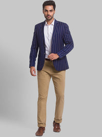 Park Avenue Men Blue Striped Single Breasted Formal Blazer