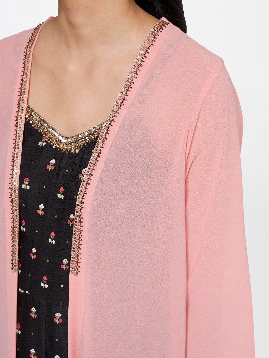 Global Desi Women Peach-Coloured & Gold-Toned Longline Shrug
