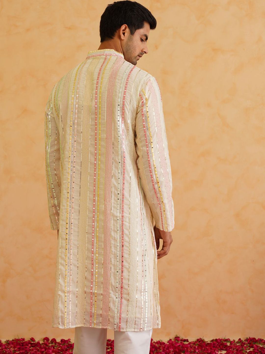 SOJANYA LUXE Striped Embroidered Mandarin Collar Mirror Work Kurta with Pyjamas