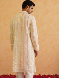 SOJANYA LUXE Striped Embroidered Mandarin Collar Mirror Work Kurta with Pyjamas
