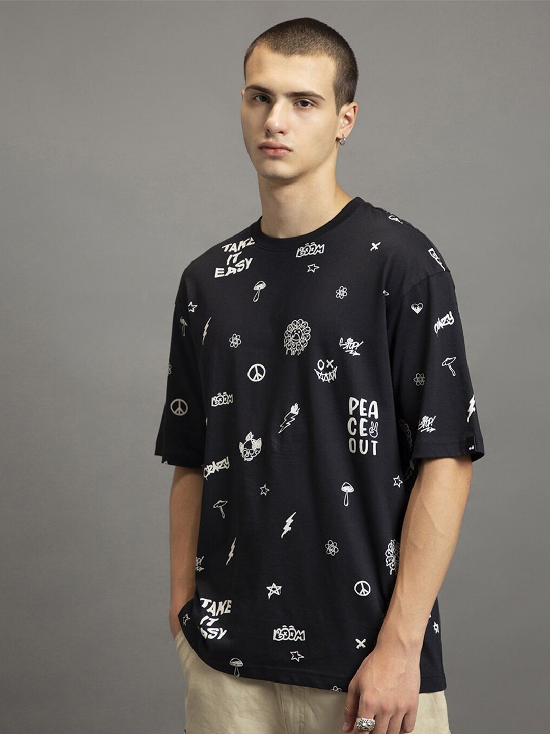 Bewakoof Conversational Printed Drop-Shoulder Sleeves Pure Cotton Oversized T-shirt