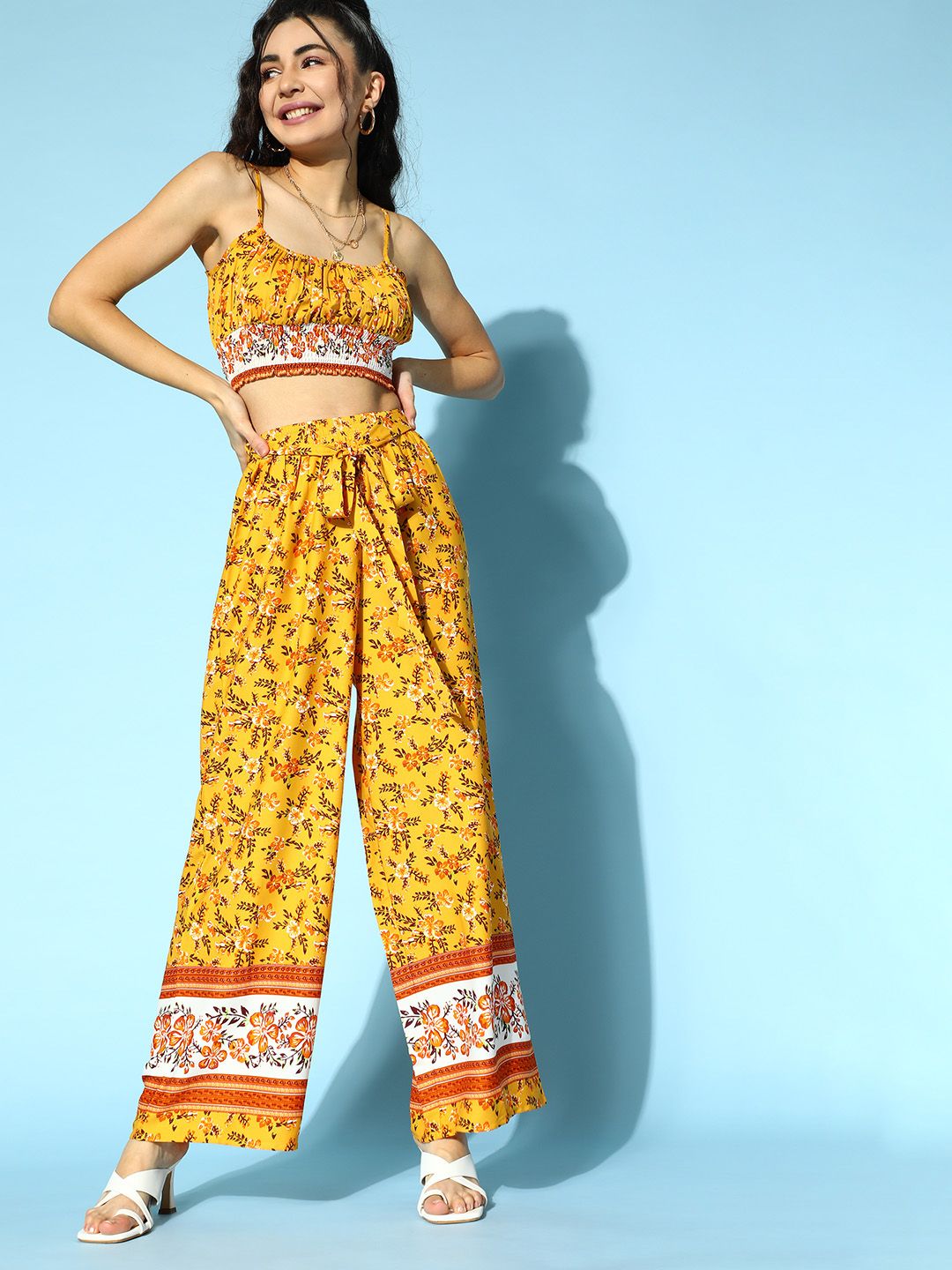 Berrylush Women Bright Yellow Printed Top with Trousers