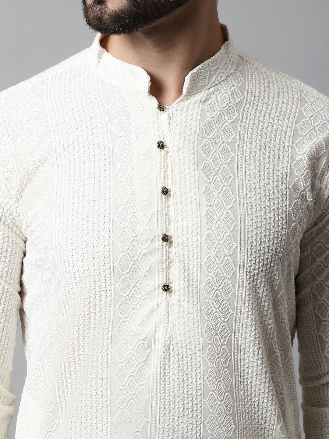 Jompers Men Cream-Coloured Self Design Kurta with Pyjamas