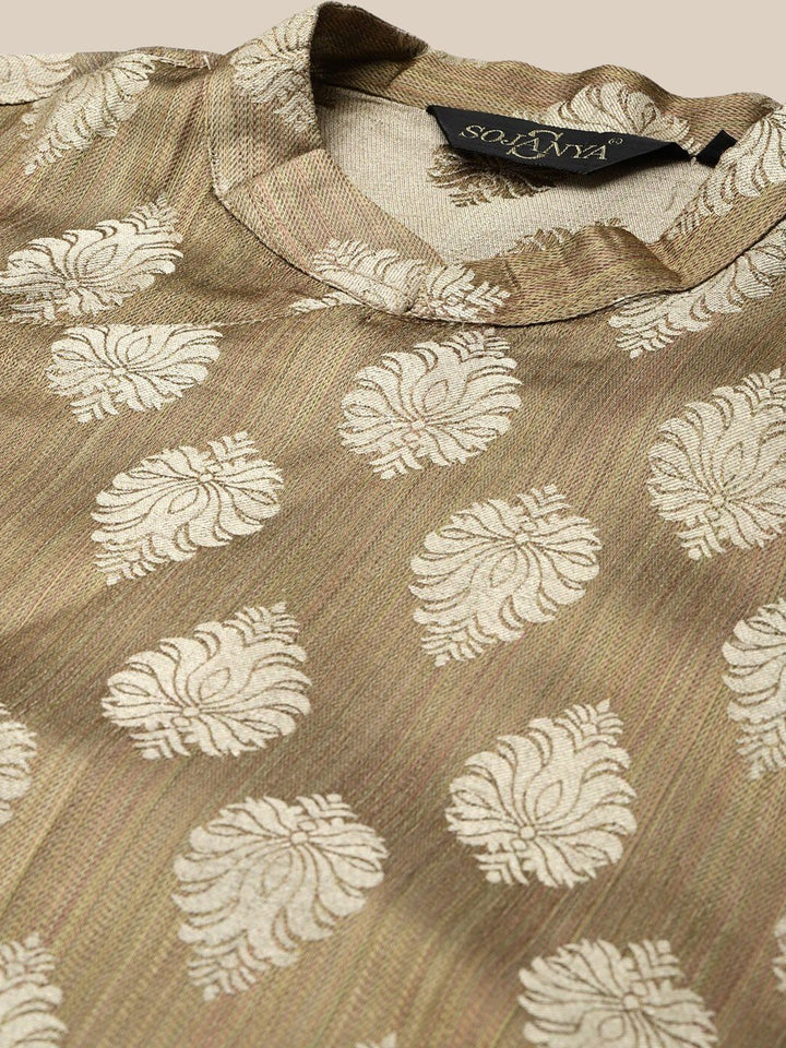 SOJANYA Ethnic Motifs Woven Design Angrakha Jacquard Silk Kurta With Churidar