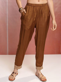 Vishudh Brown Floral Woven Design Pure Cotton Straight Kurta with Trousers & Dupatta