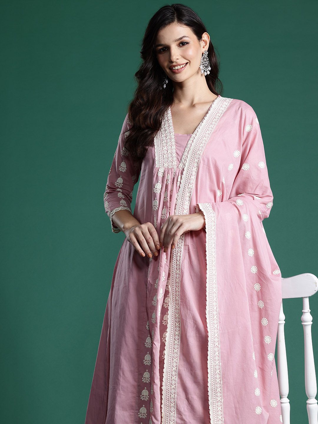 Indo Era Ethnic Motifs Embroidered Pleated Thread Work Pure Cotton Kurta Set