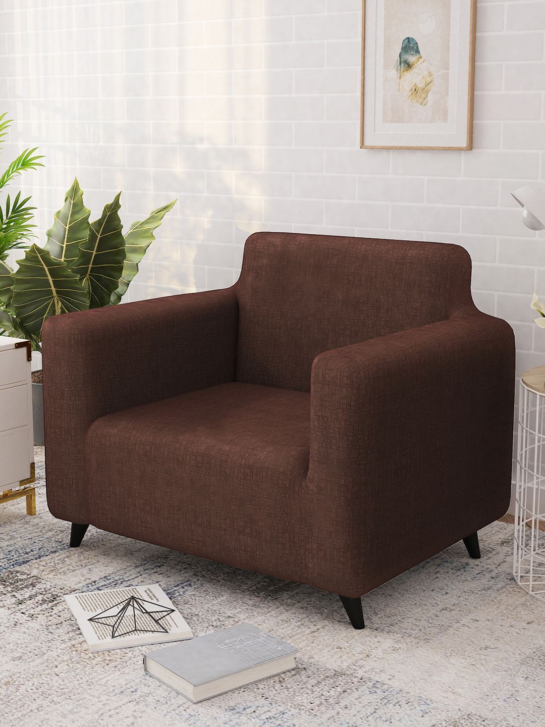 Story@home Brown Printed 1 Seater Stretchable Sofa Cover With Arms