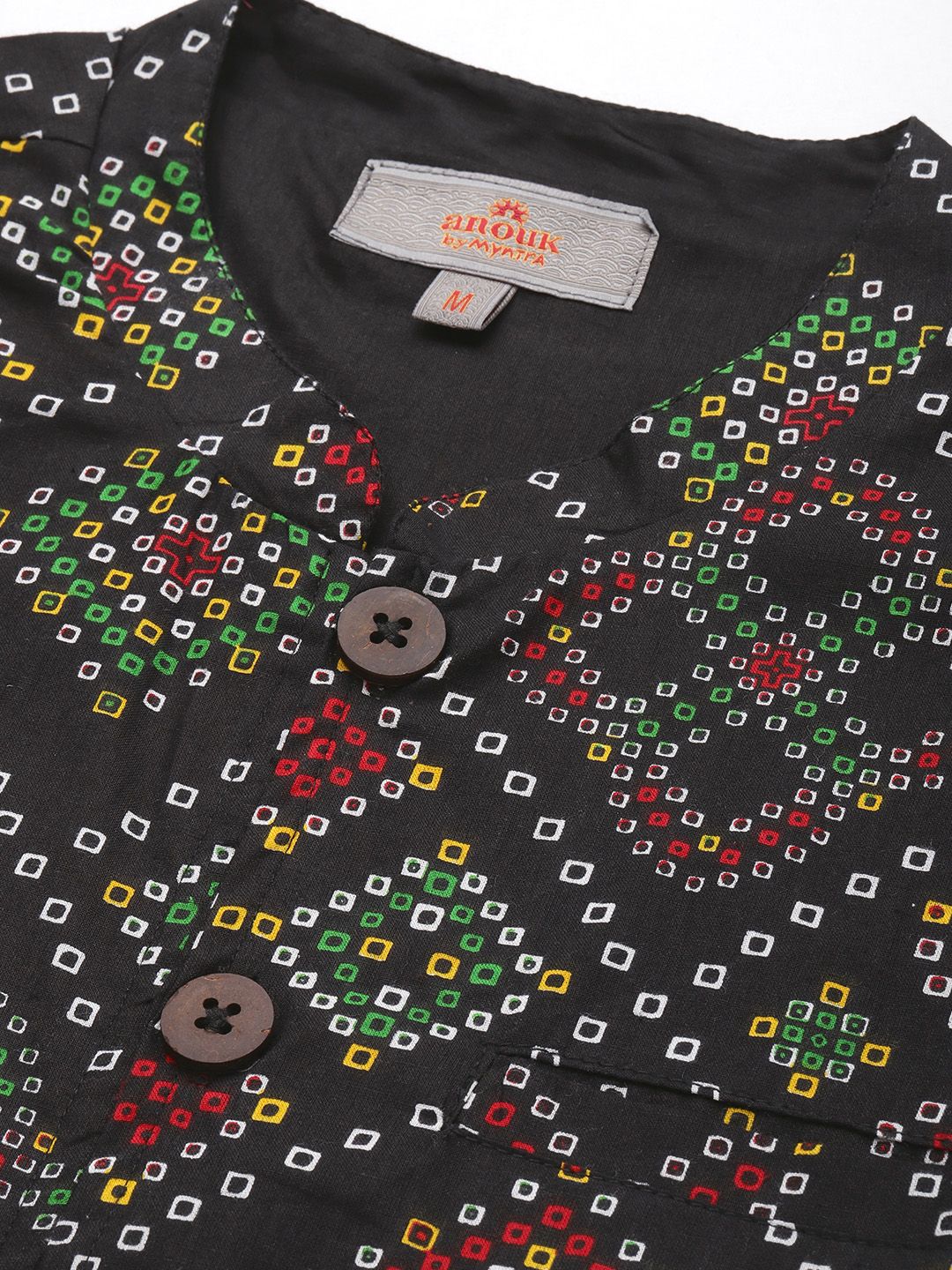 Anouk Men Black & White Bandhani Printed Pure Cotton Nehru Jacket
