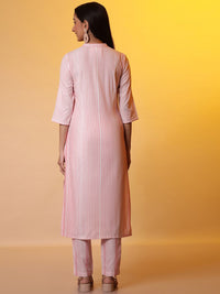 AURELIA Striped Band Collar Regular Pure Cotton Straight Kurta with Trousers