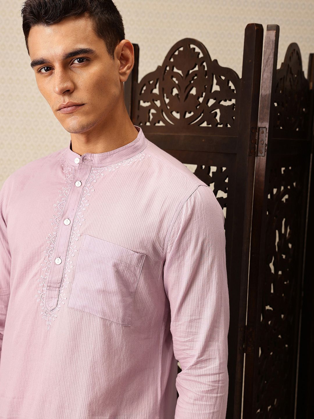 House of Pataudi Yoke Chikankari hand embroidered jashn Pure Cotton short kurta