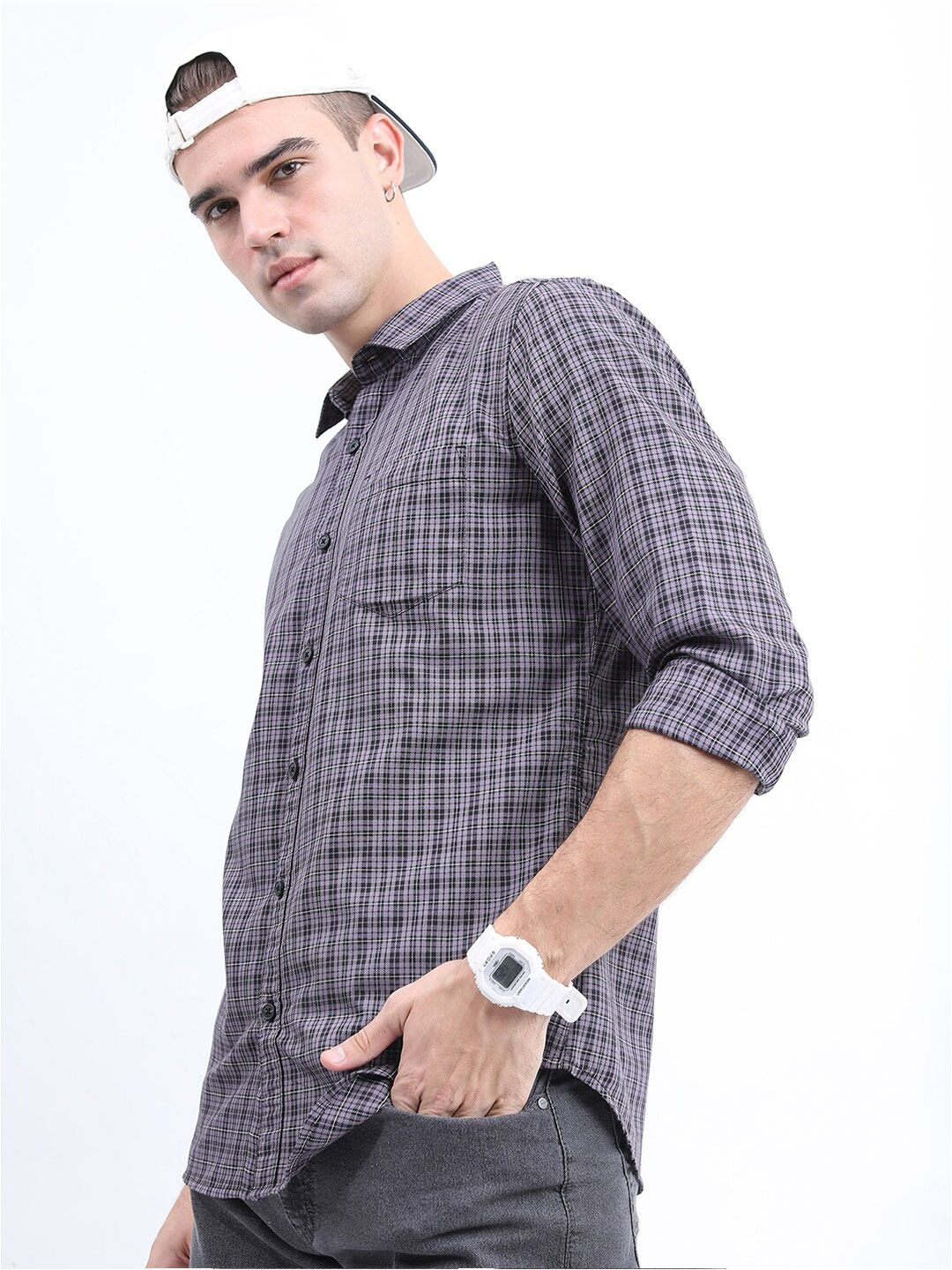 HIGHLANDER Men Grey Slim Fit Checked Casual Shirt
