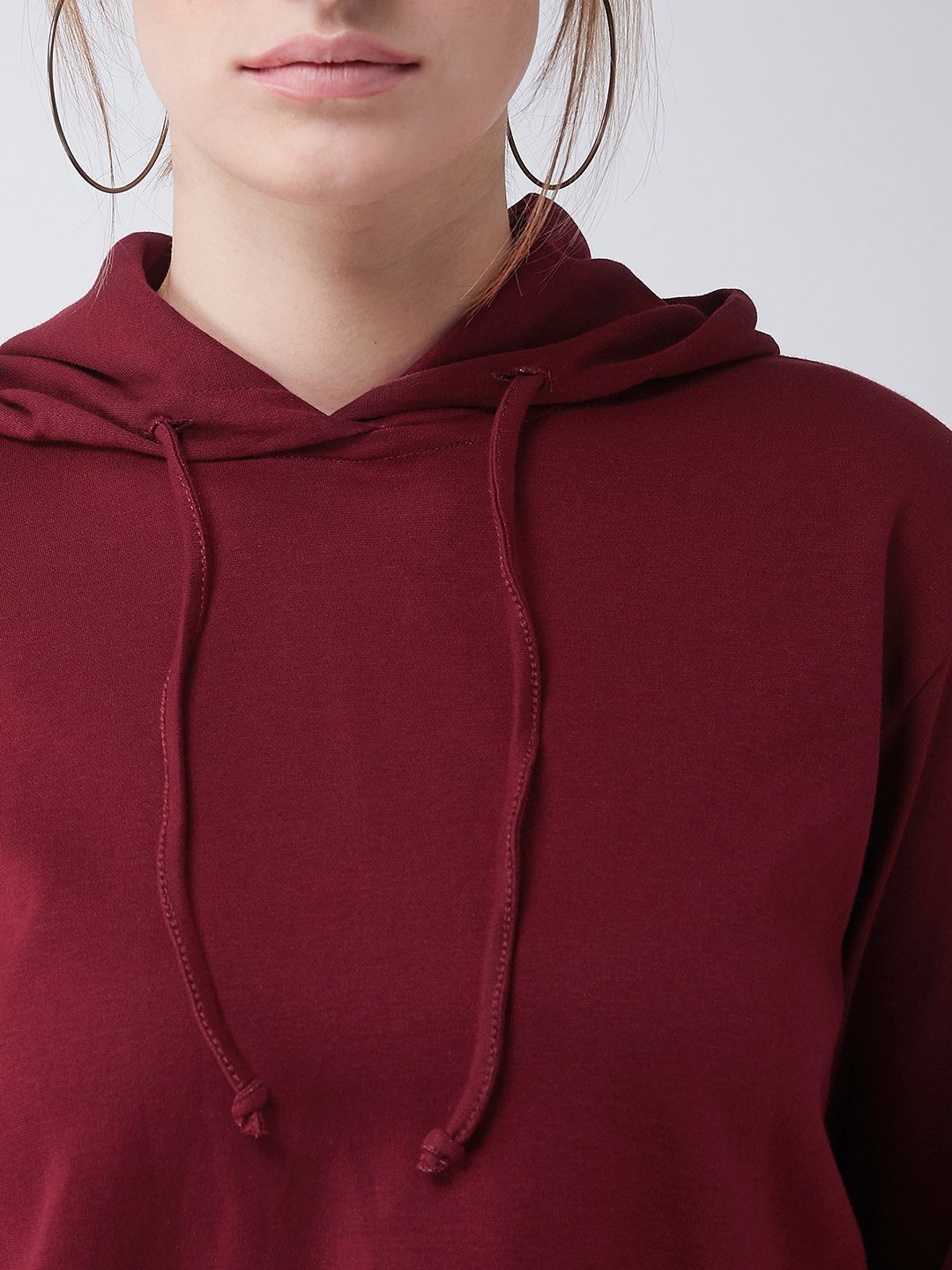 Miss Chase Women Maroon Solid Hooded Cropped Boxy Sweatshirt