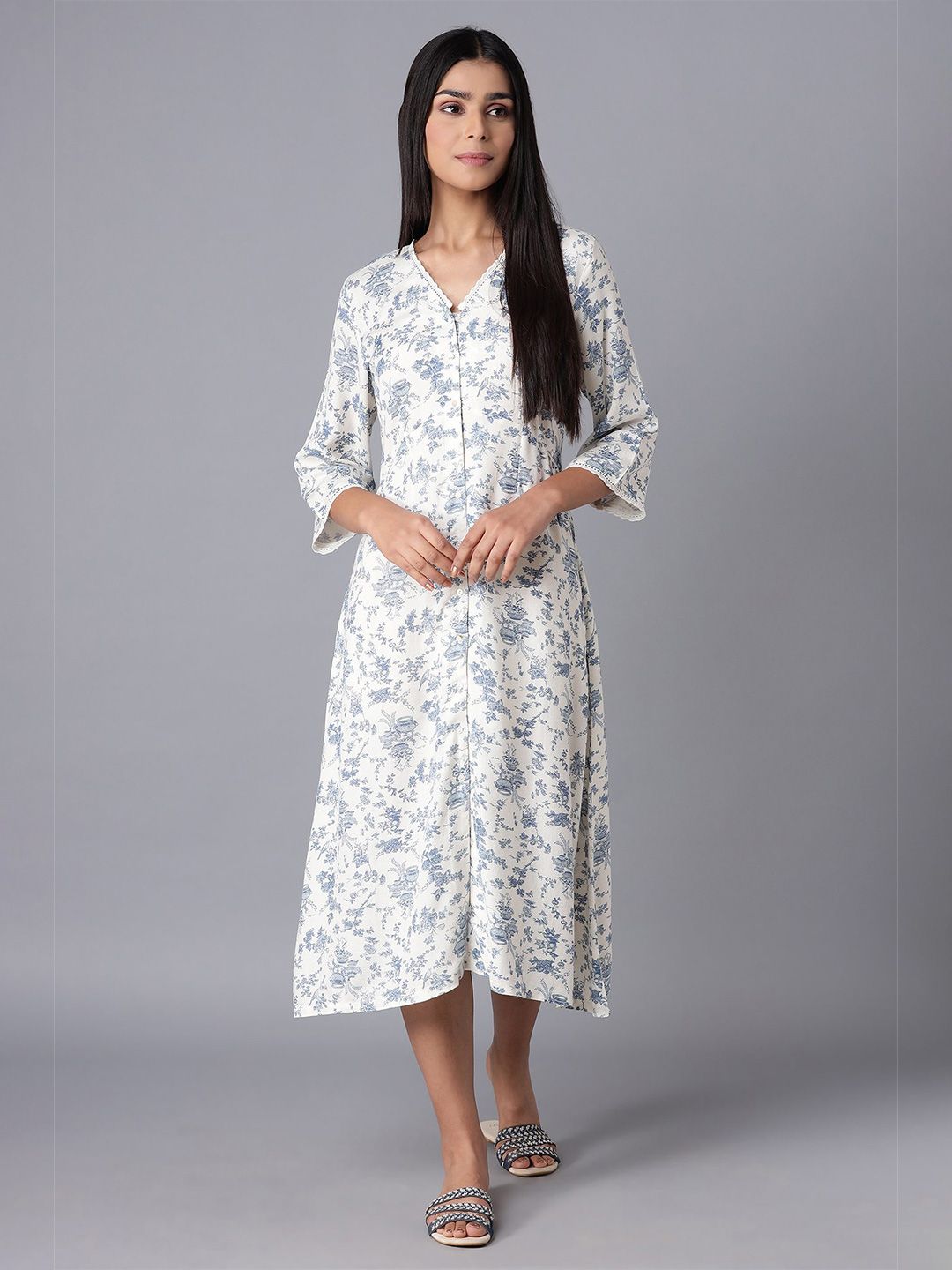 W Women White & Blue Floral A-Line Midi Dress