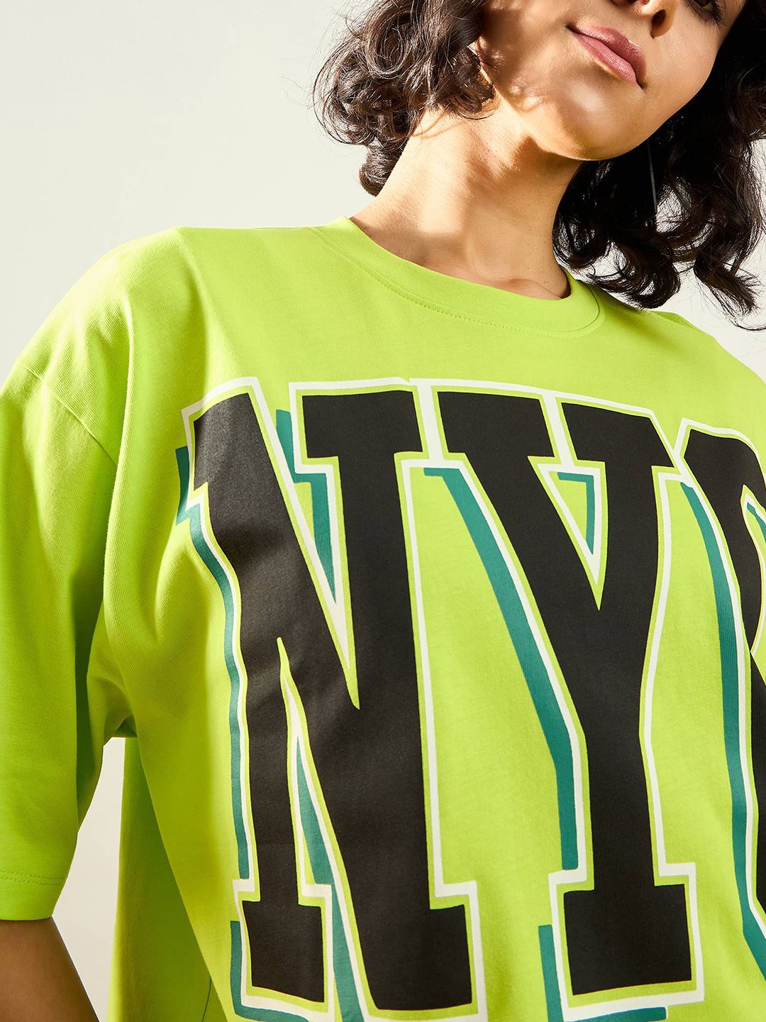 SASSAFRAS Green Typography Printed Round Neck Pure Cotton Oversized Crop T-shirt