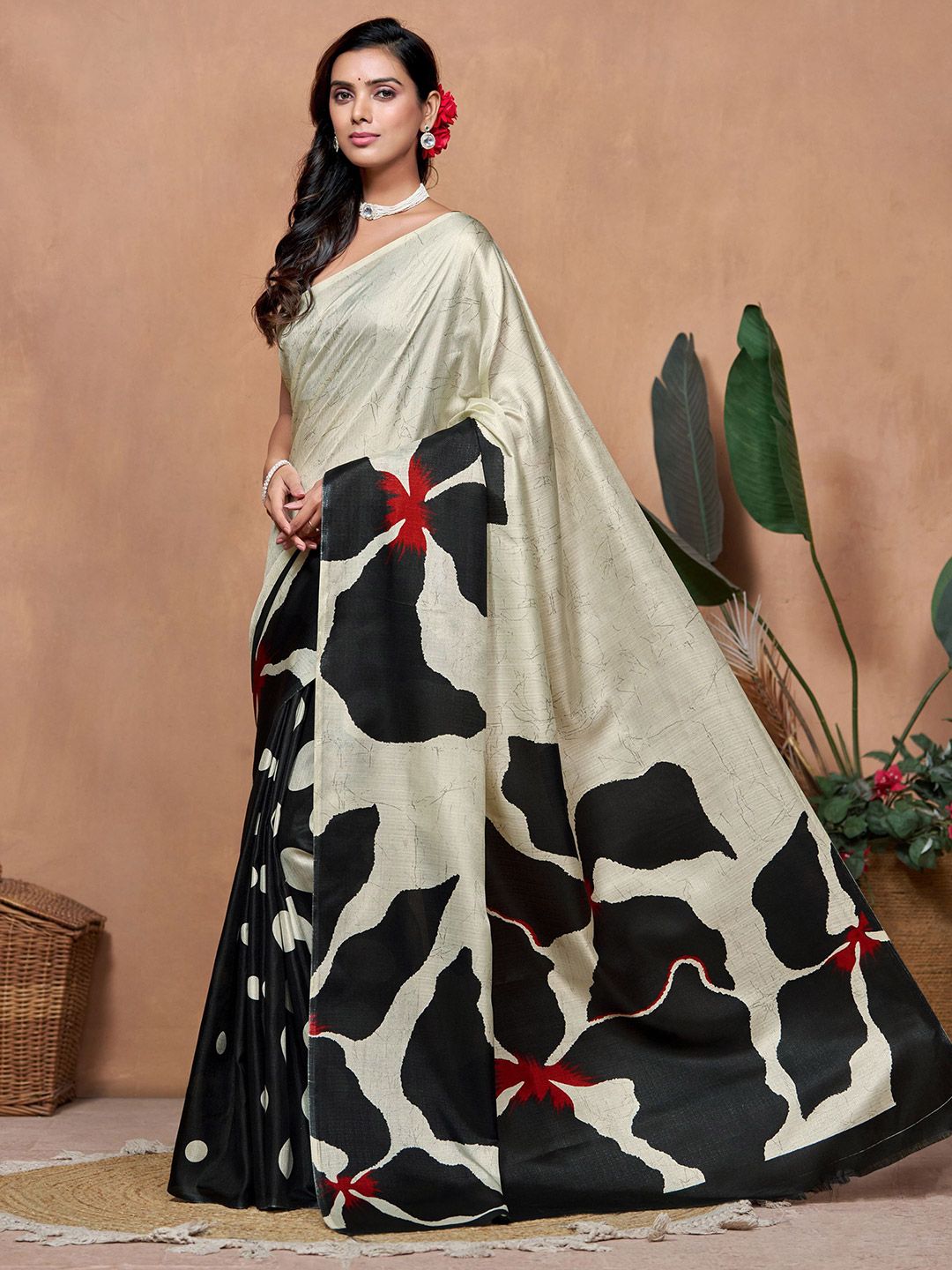 Kalini Womne's Art Silk Printed and Polka Dot Saree With Blouse Piece