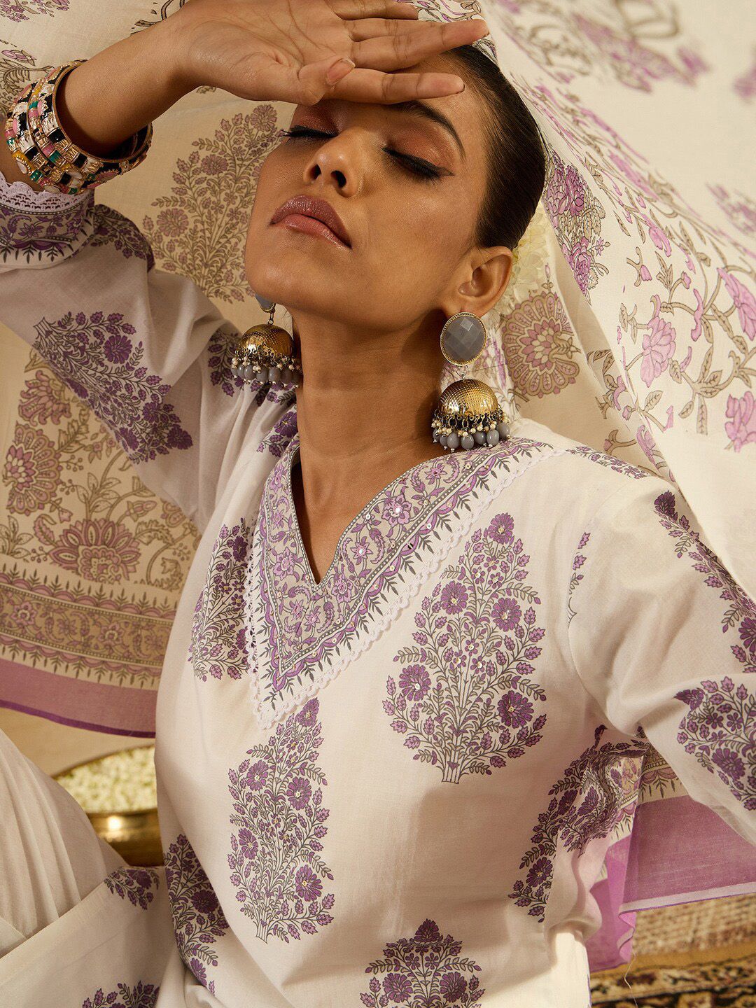 Indo Era Floral Printed Regular Sequinned Pure Cotton Kurta with Trousers & Dupatta
