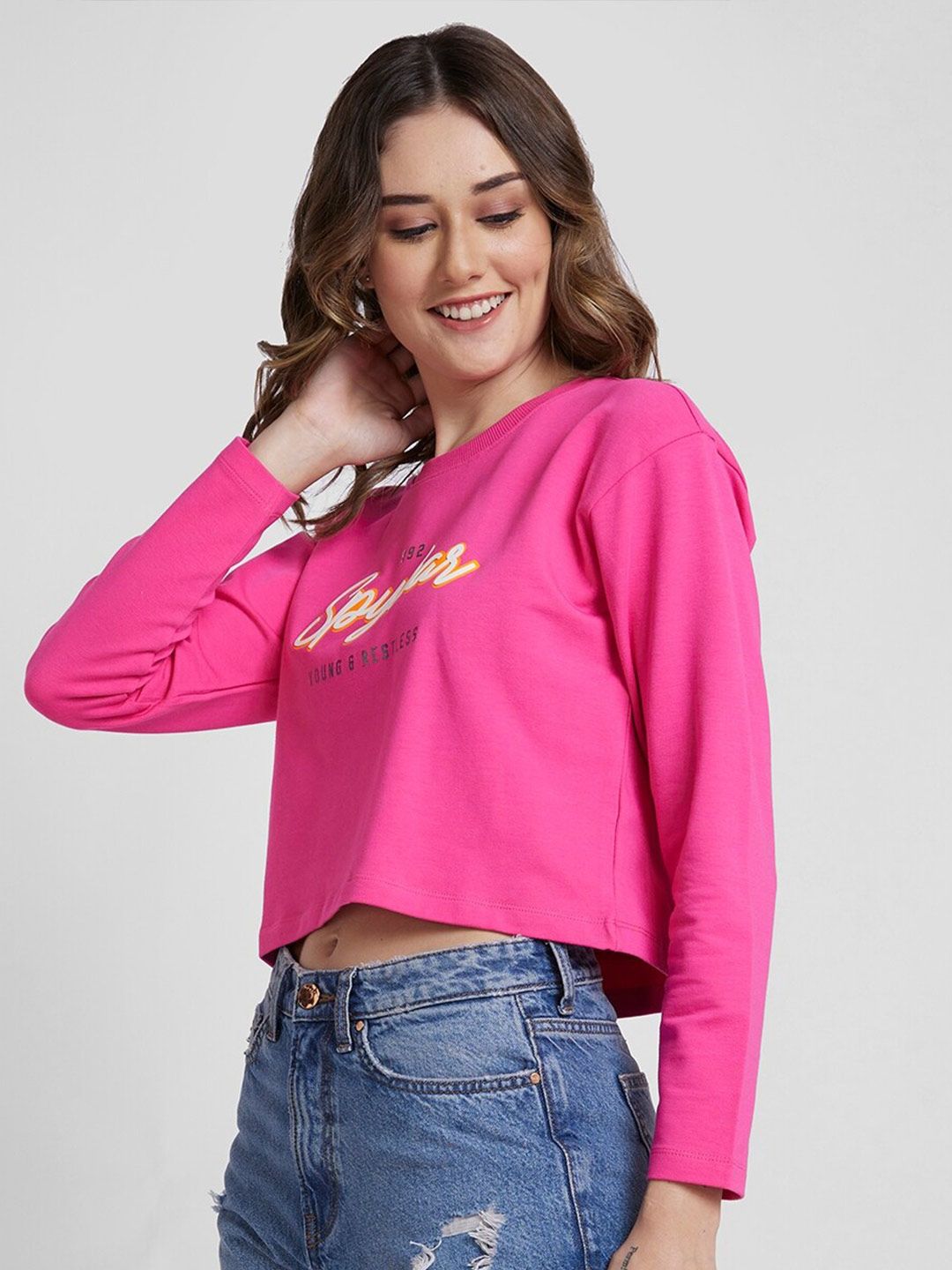 SPYKAR Boxy Fit Round Neck Typography Printed Crop Cotton Pullover Sweatshirt