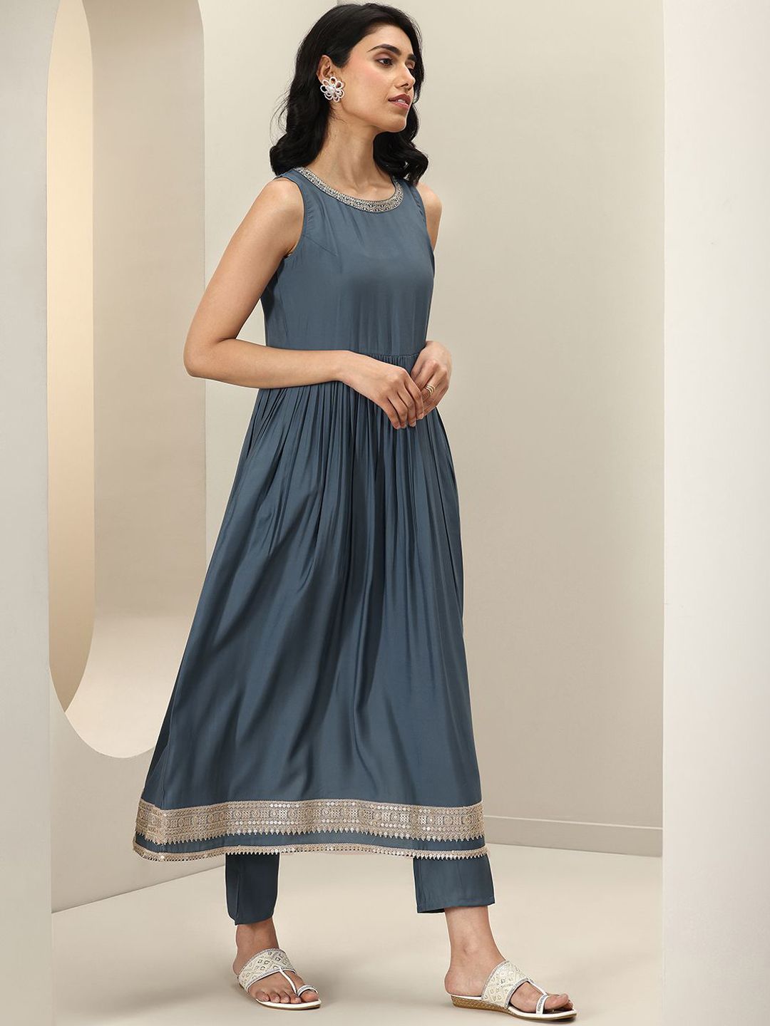 Gerua By Libas Womens Grey Solid Anarkali Kurta With Trousers & Dupatta